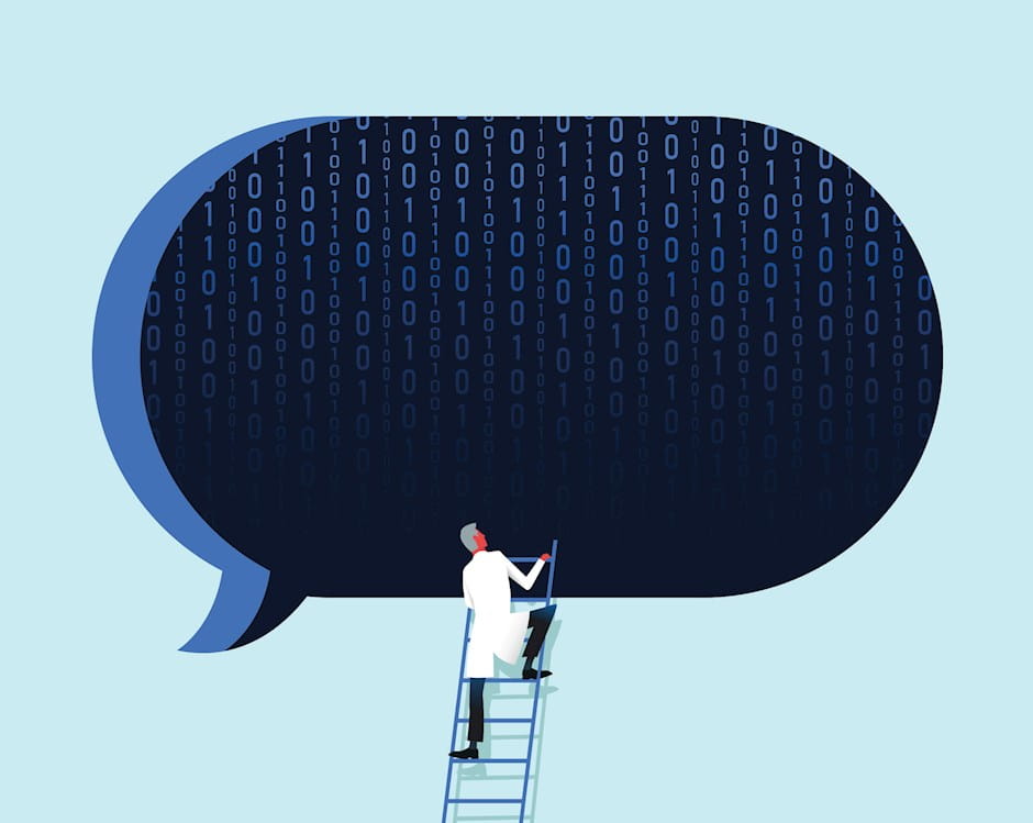 Scientist looking into AI speech bubble