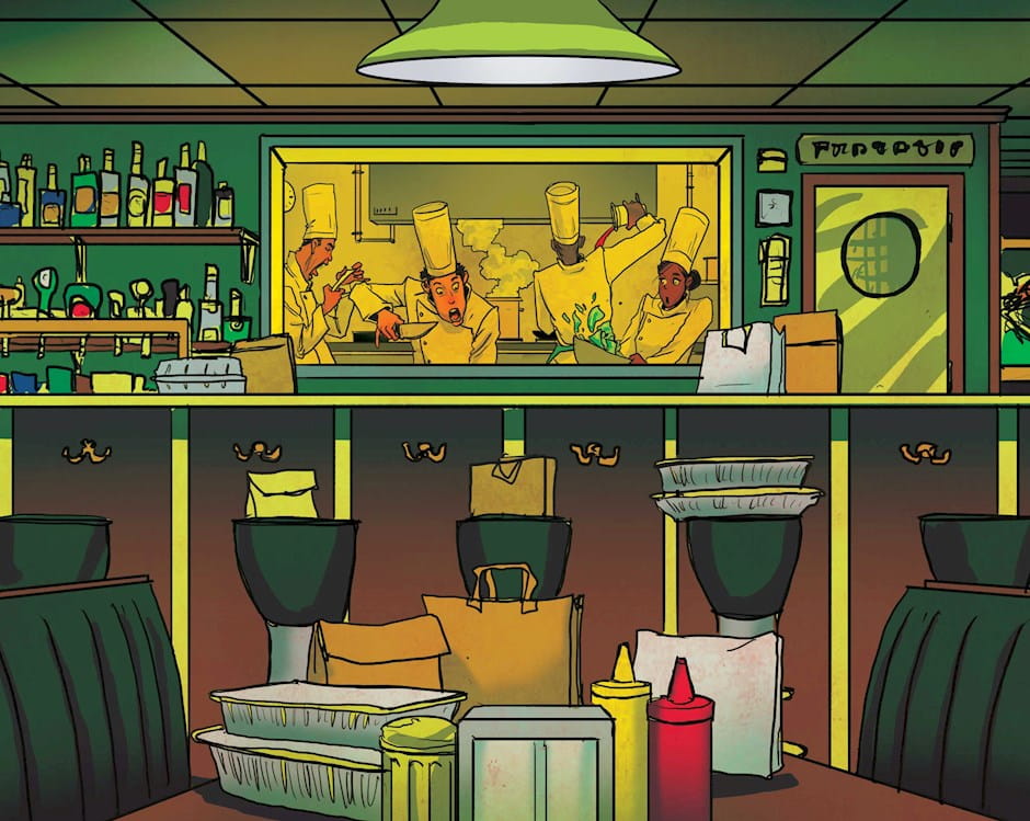 Empty restaurant with take-out bags