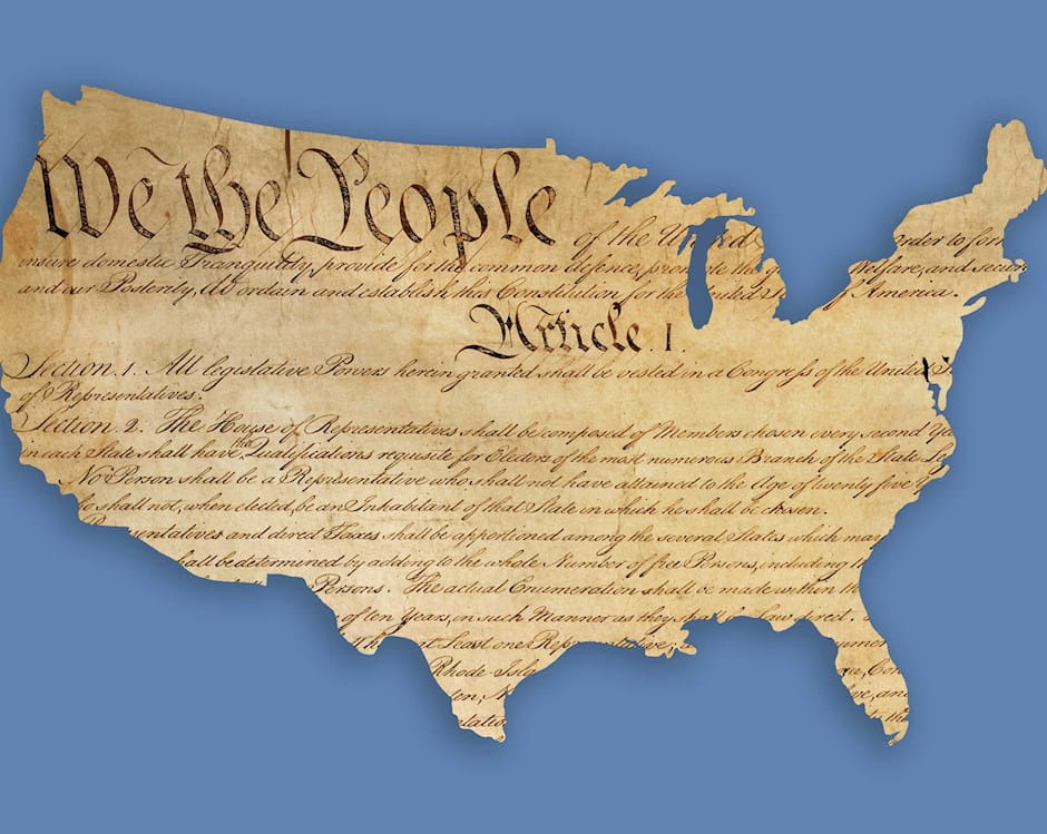 US constitution in shape of US map