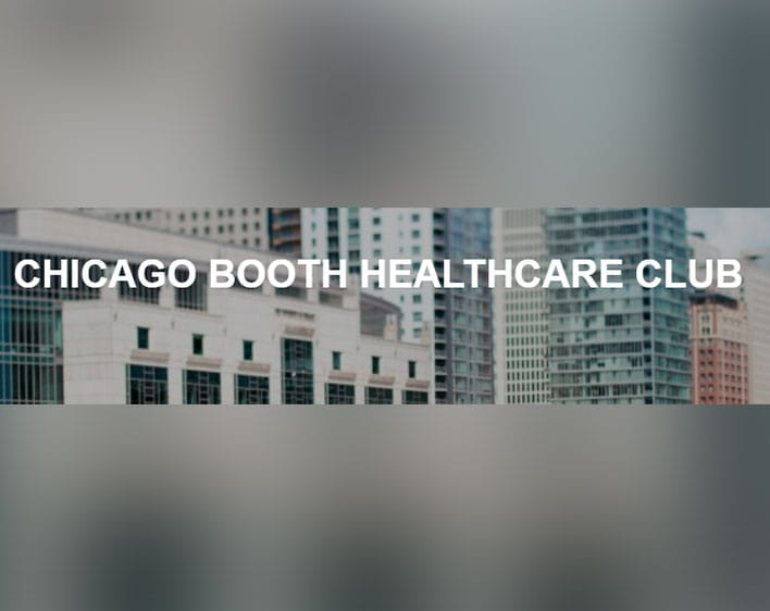 Chicago Booth Healthcare Club text with blurred clear gray background 