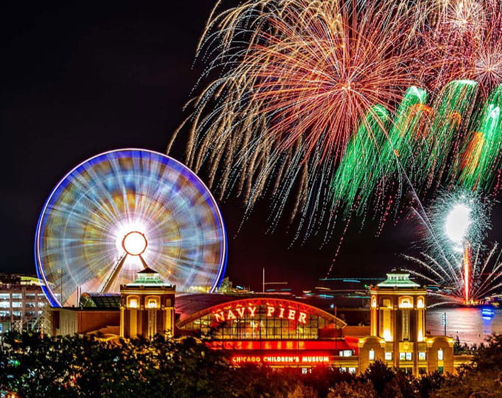 Chicago's Navy Pier outdoor area with fireworks