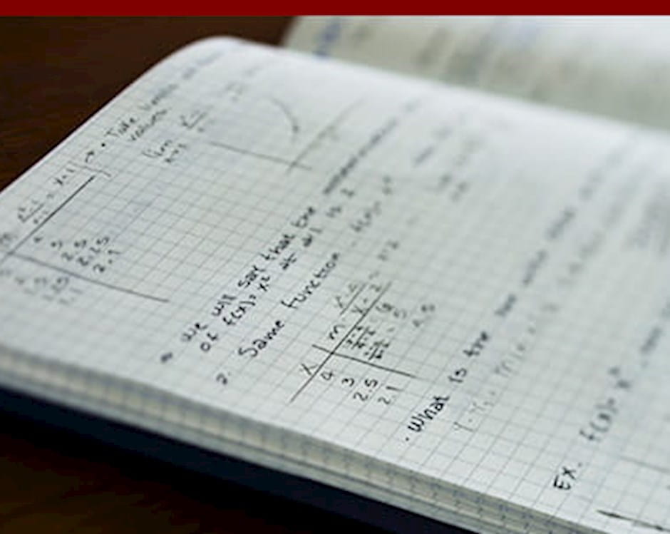 Close up of a grid notebook filled with math problems