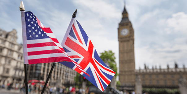 United States and United Kingdom flags wave in front of Big Ben