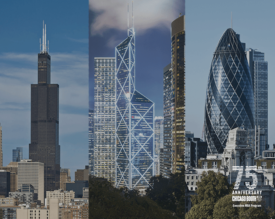 A collage of Chicago, Hong Kong, and London skyscrapers