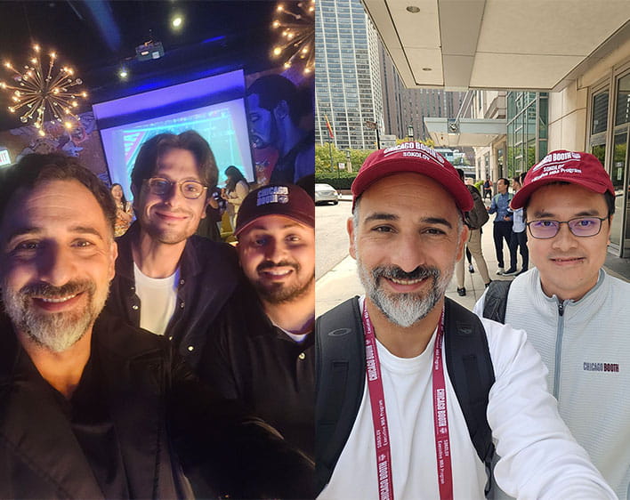 two side by side selfies of Nasser with other Booth students