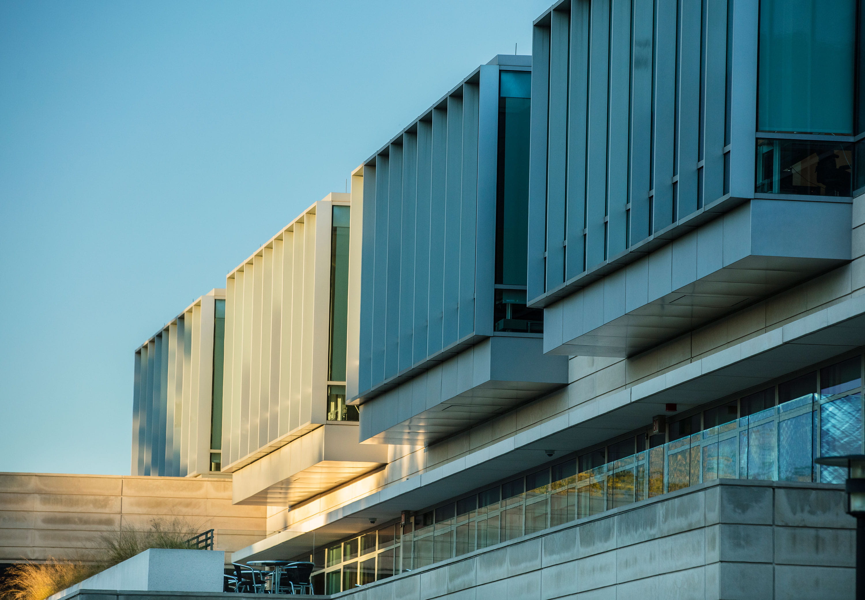 View of exterior of Harper Center