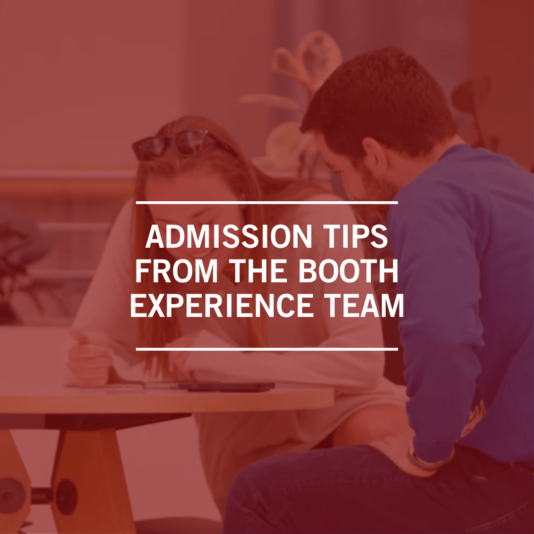 Two students conversing in Winter Gardens with Admission Tips from The Booth Experience Team text displayed