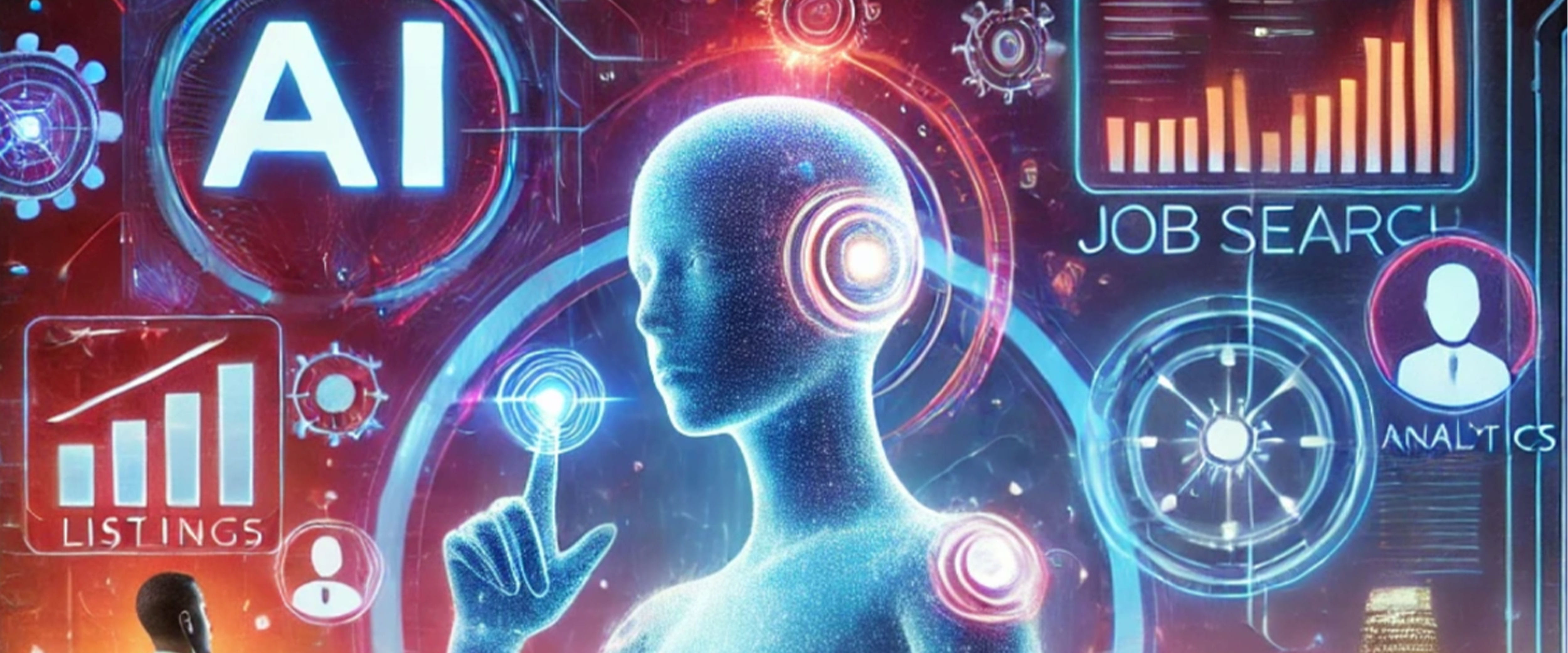 Humanoid robot surrounded by AI and computing imagery.