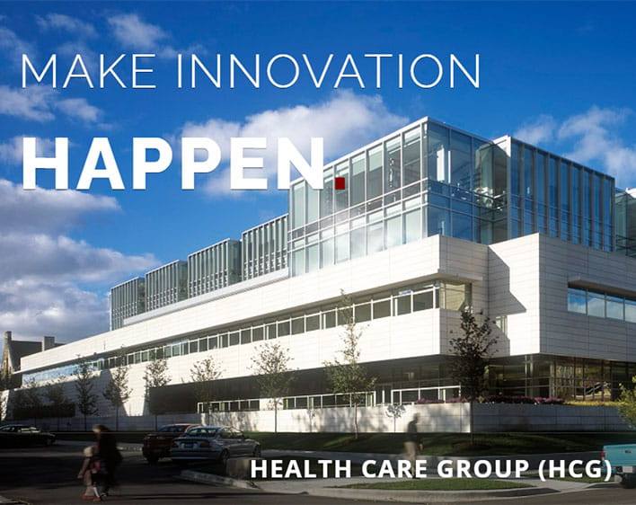 Health Care Group Harper Center in background with text "Make Innovation Happen Health Care Group (HCG)"