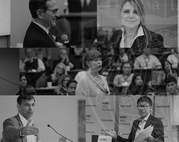 Booth professors in black and white filter