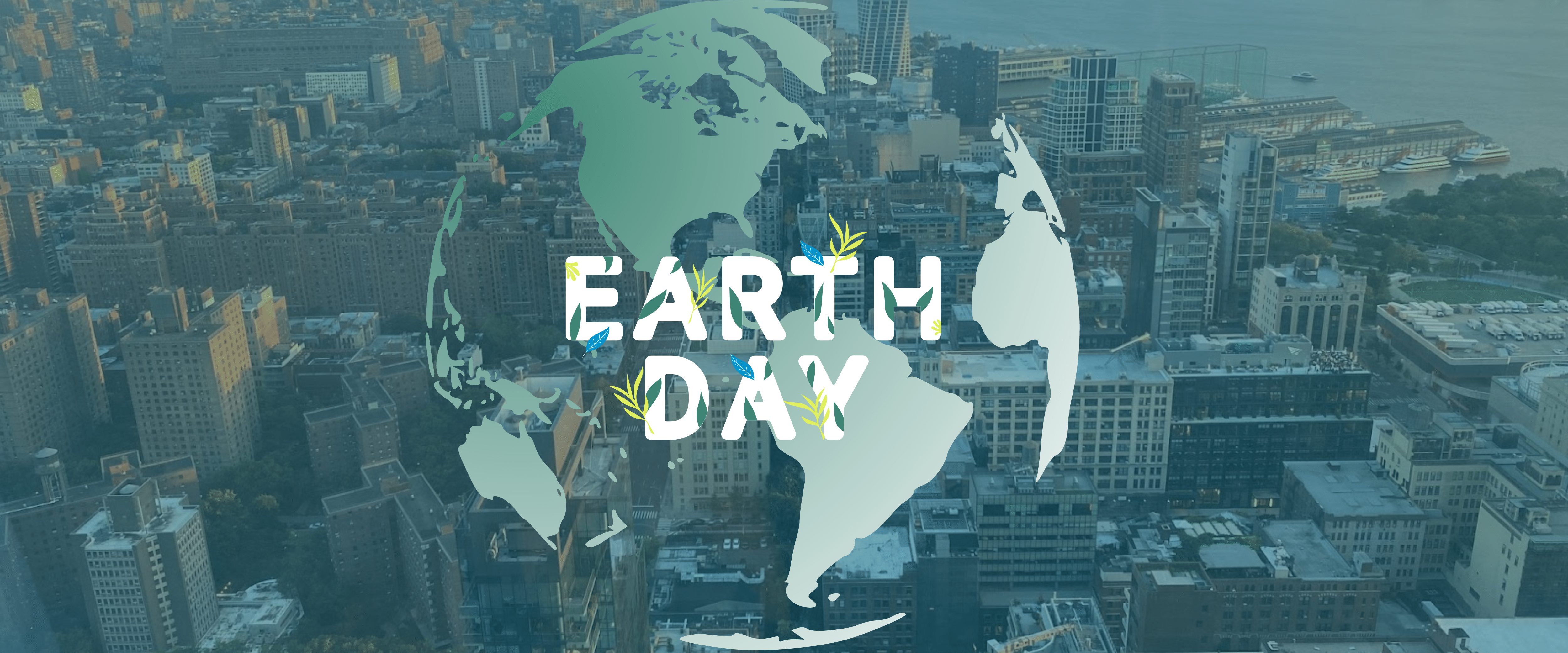 City of Chicago in background with globe and Earth Day print on top