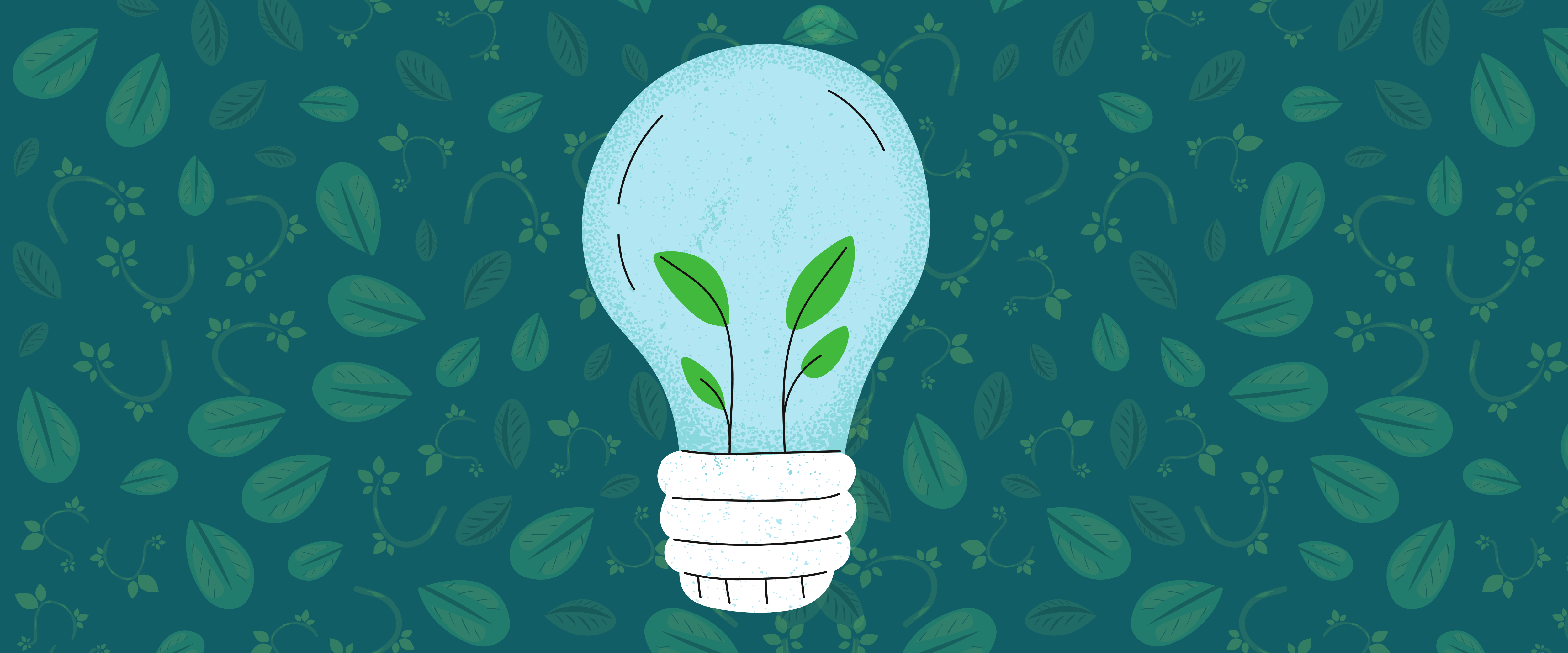 Earth Day inspired image with leaves in background and light bulb with greenery inside