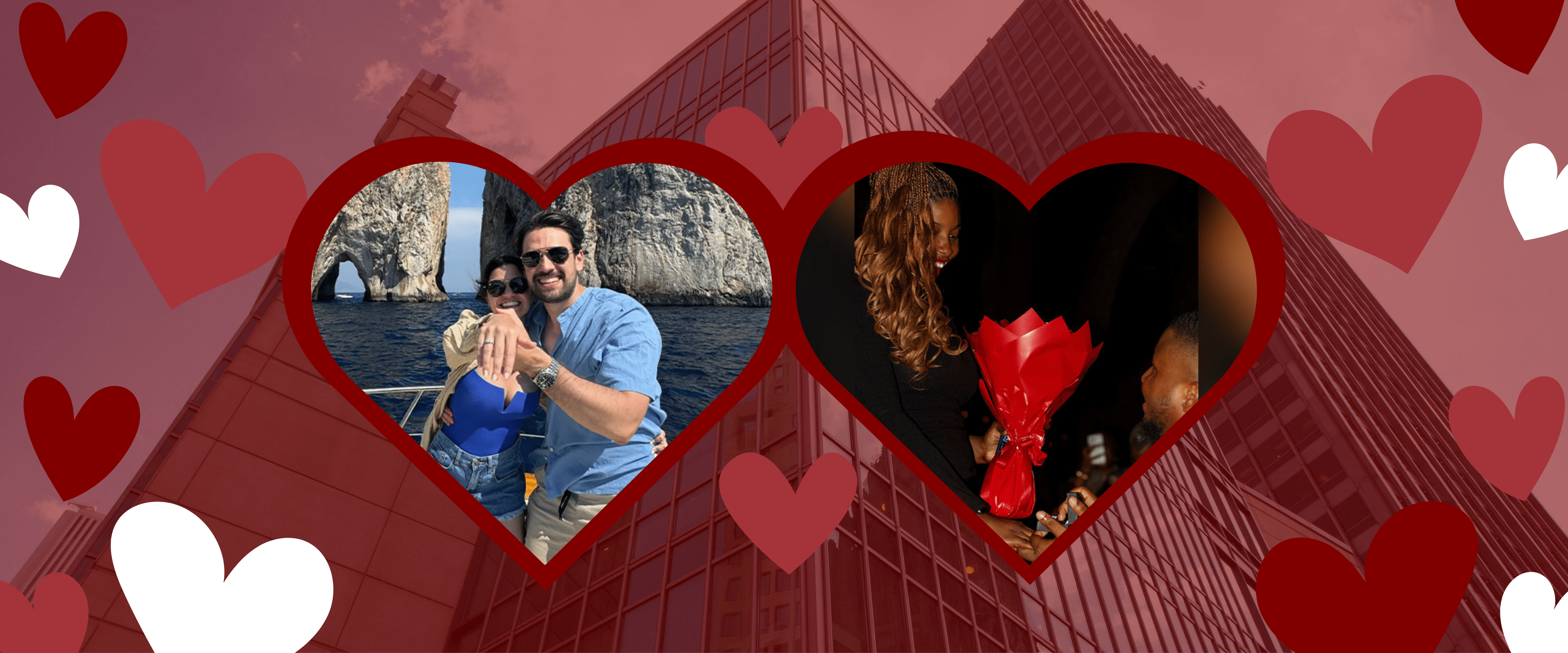 two Booth couples showing engagement with hearts in background