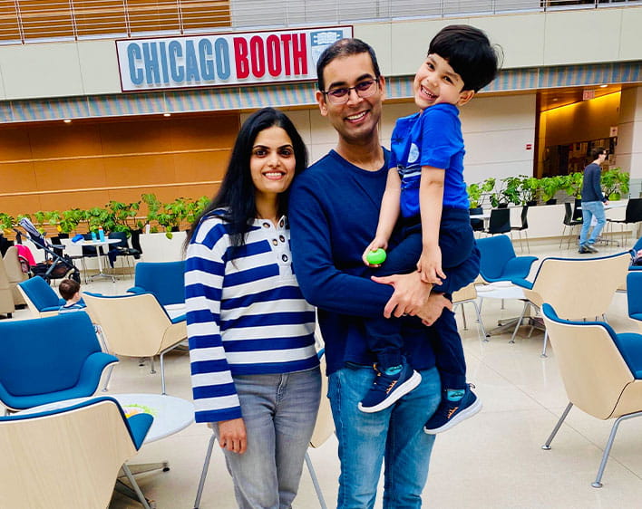 Manu Chintapalli with her husband and son at Easter Egg Hunt event at Harper Center