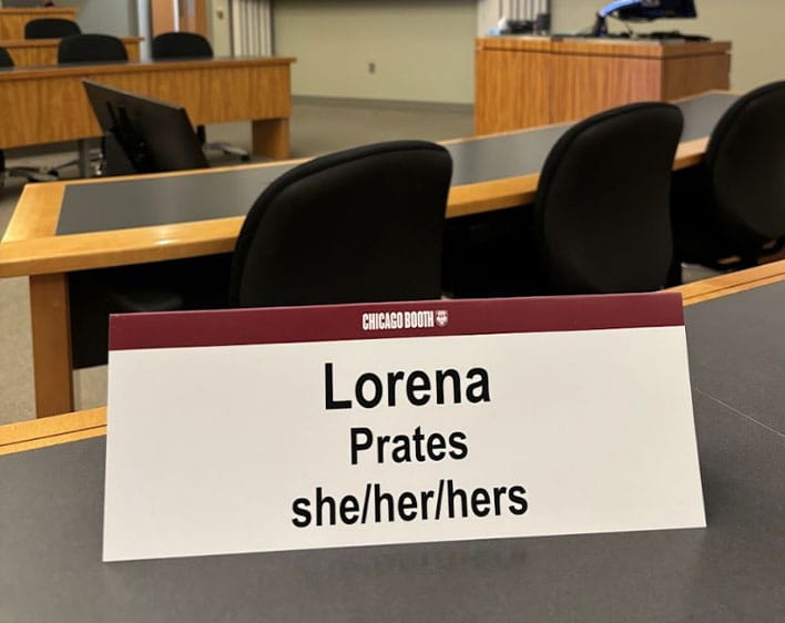 Lorena Prates name tent in classroom on table