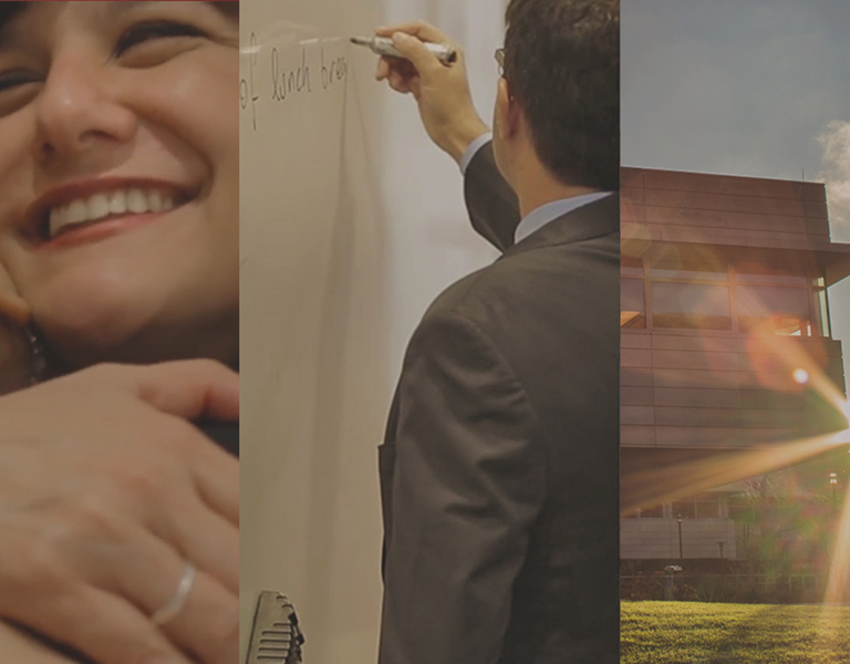 Triptych of three images: Professor writing on a whiteboard, Close-up shot of Booth's Harper Center, and a student speaking and gesturing with her hands in class