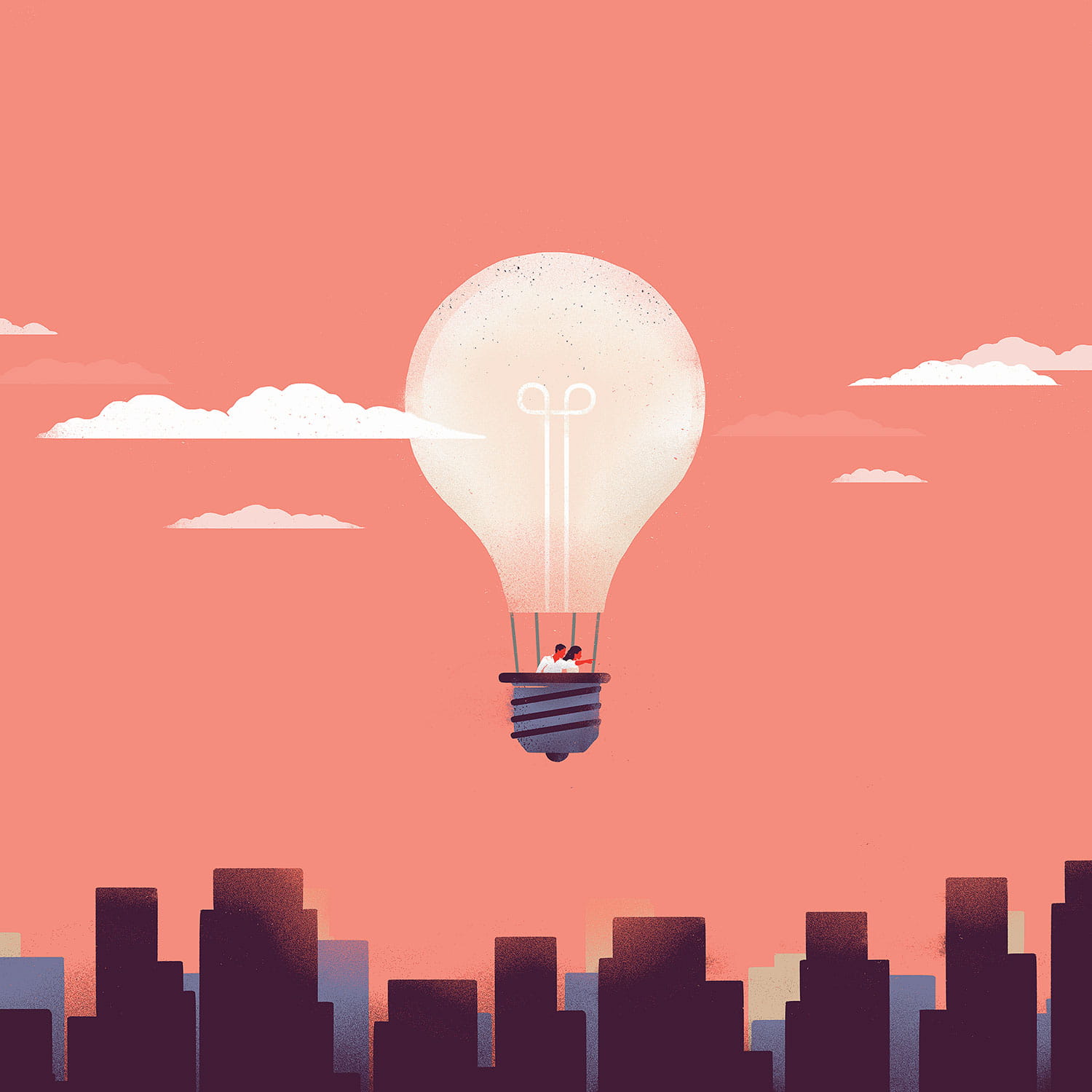 Illustration of a hot air balloon shaped like a light bulb