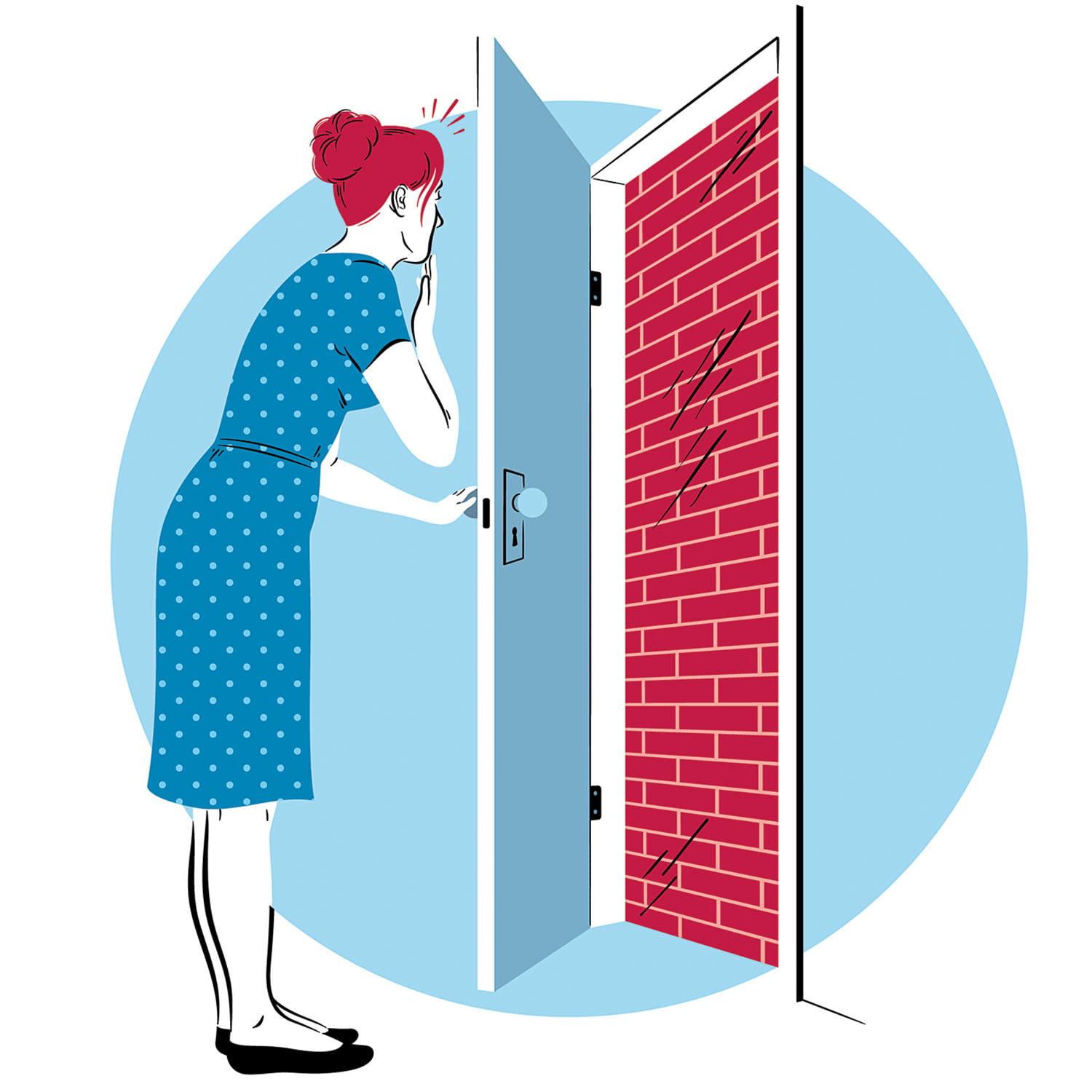 Illustration of a woman opening a door to a brick wall