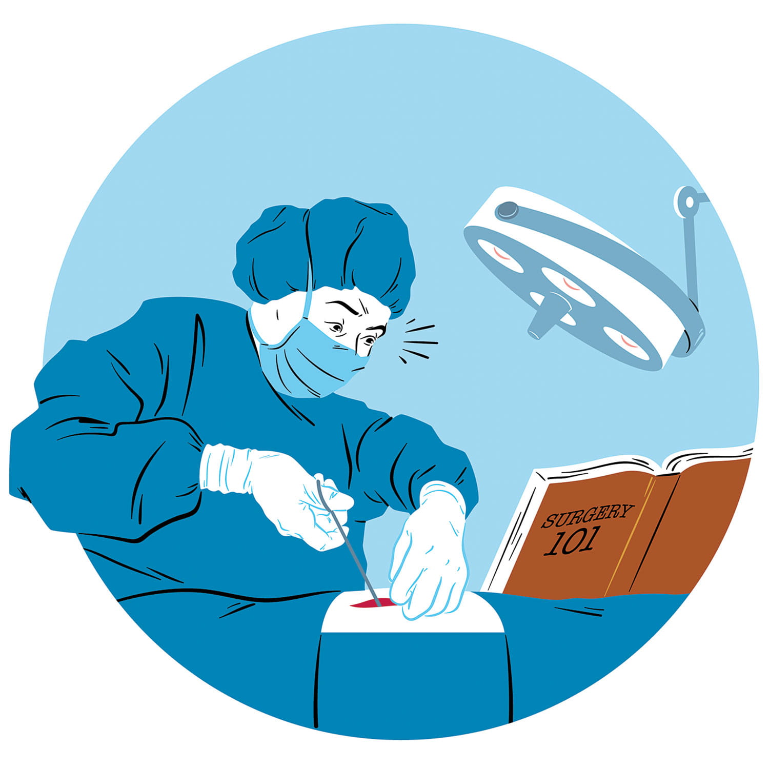 Illustration of a surgeon performing an operation while reading a book titled Surgery 101