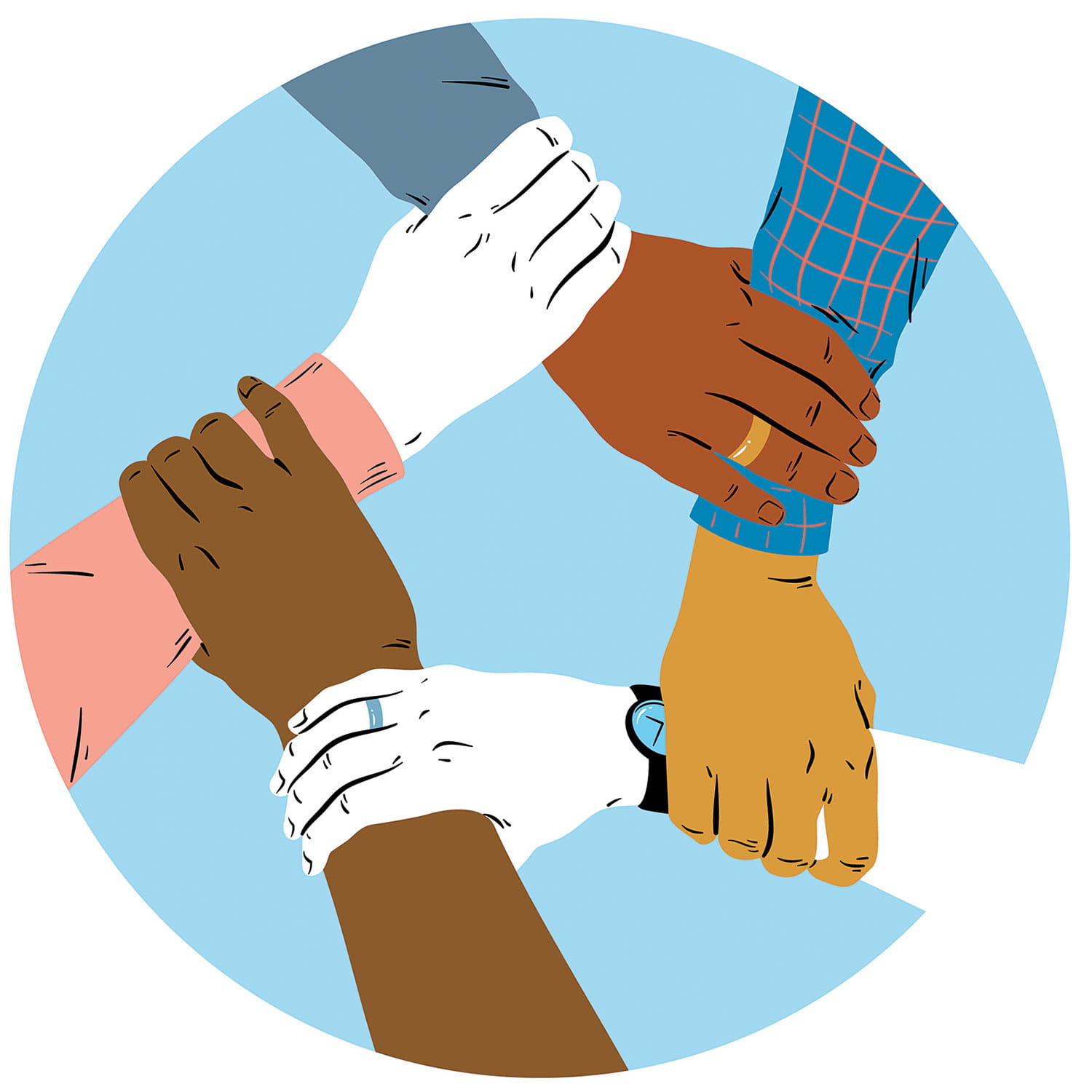 Illustration of different hands grabbing each others wrists in cooperation