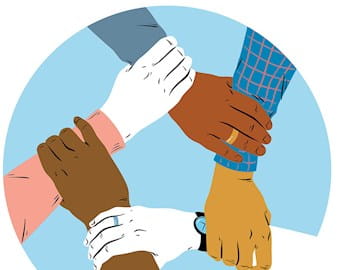 Illustration of different hands grabbing each others wrists in cooperation