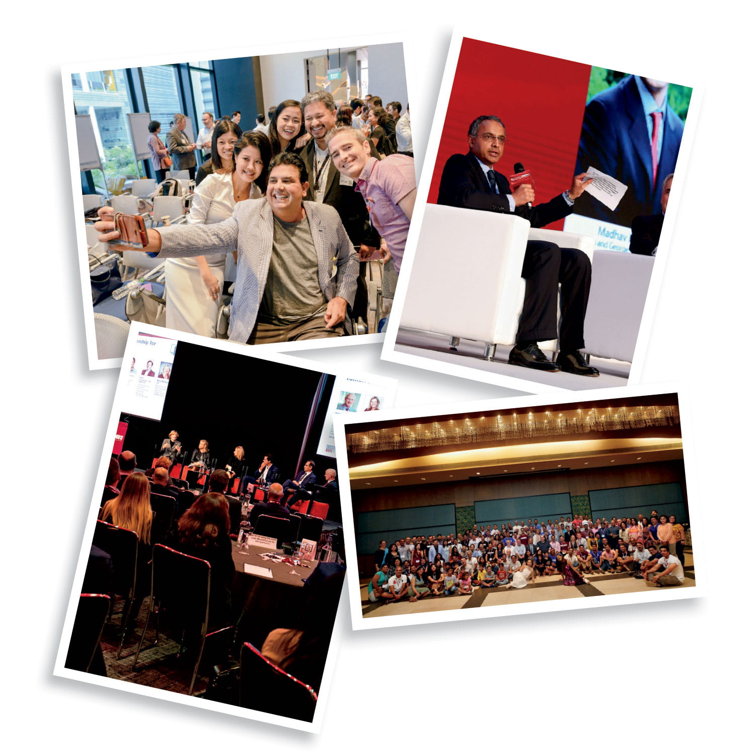 Collage of volunteer-led Booth alumni forums meeting around the world: Singapore, China, India, and London