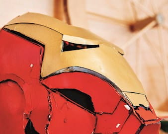 Hand-made Iron Man helmet sculpture by children at Kids Science Labs