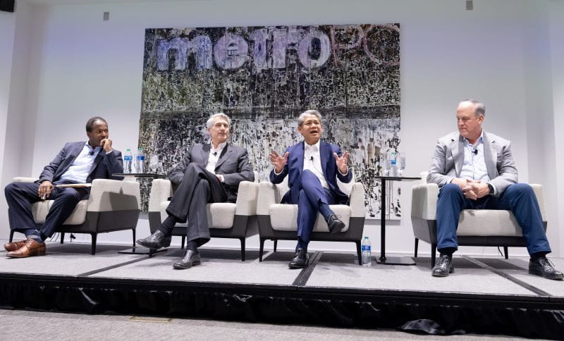 Panel of Chicagoland CEOs Scott Santi of ITW, Roger Hochschild of Discover Financial Services, and Gil C. Quiniones of ComEd with moderator Derek Douglas