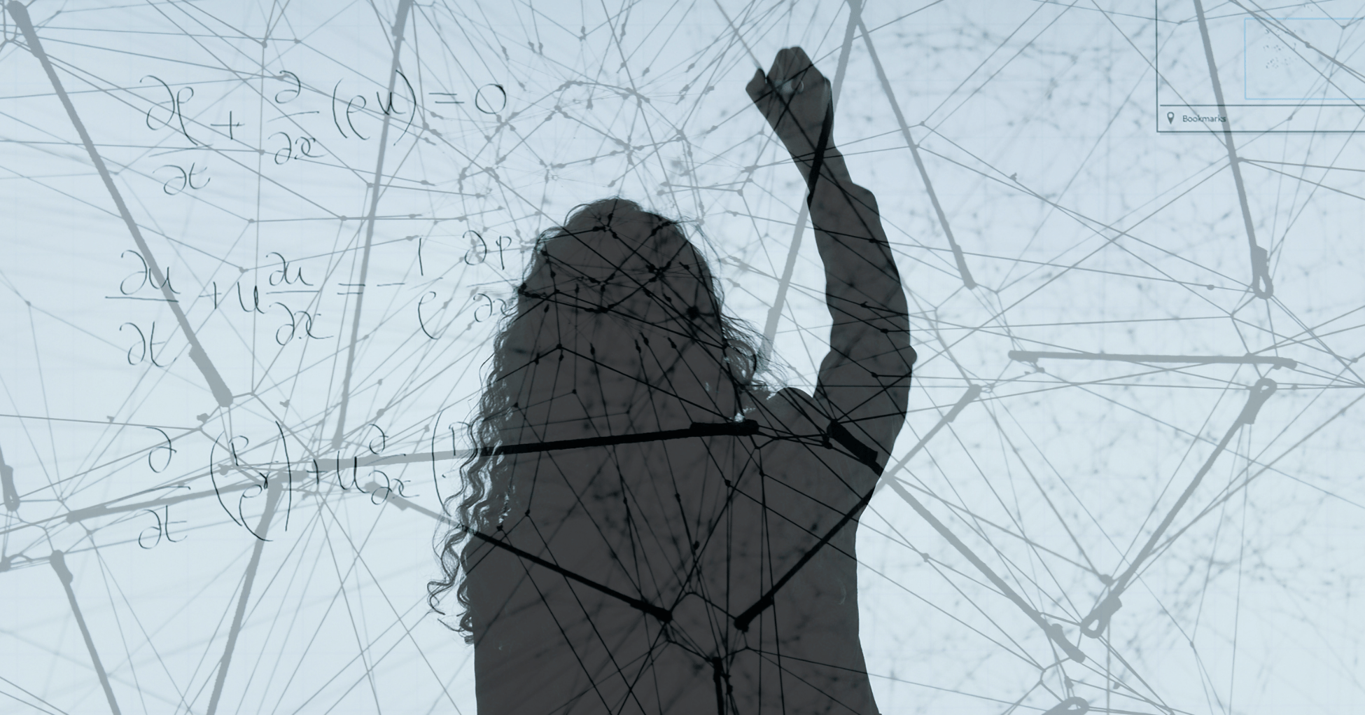 Person drawing equations with network overlay