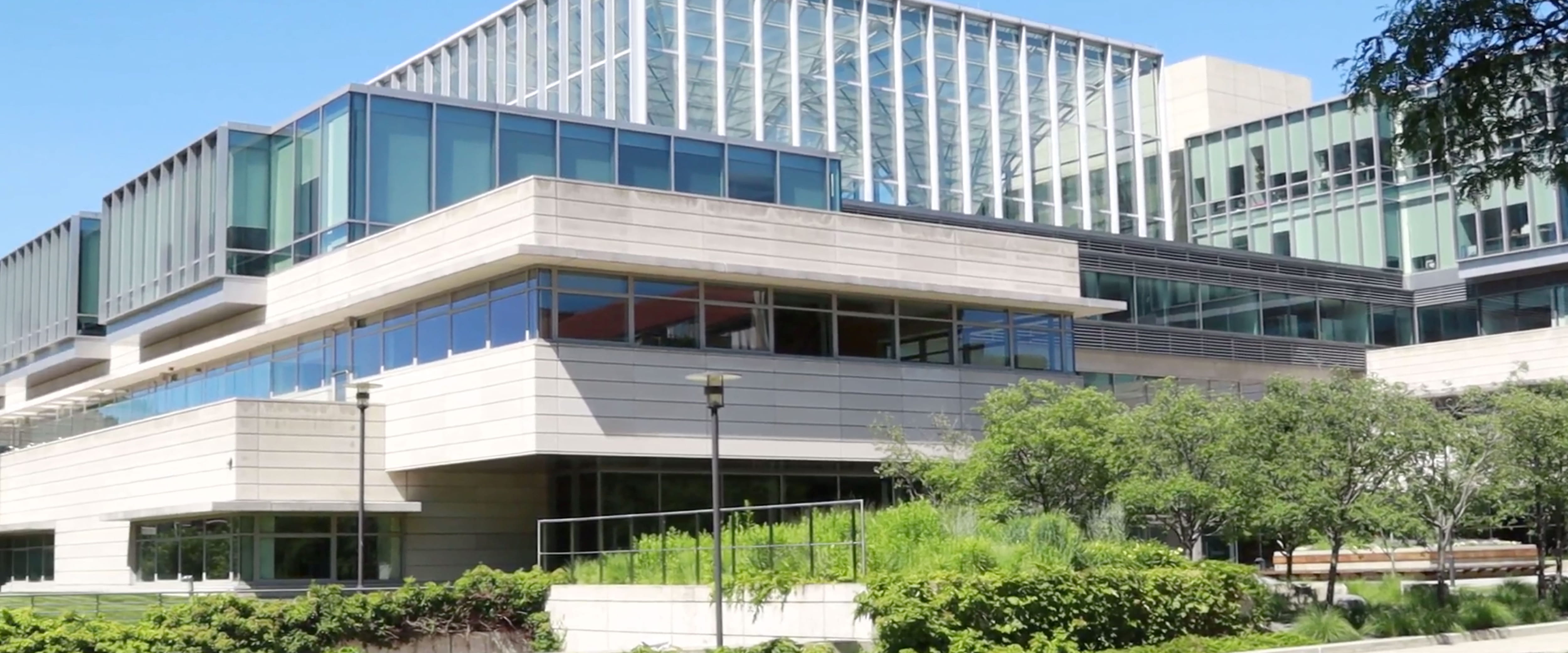 Exterior shot of the Harper Center from the southern side of the building