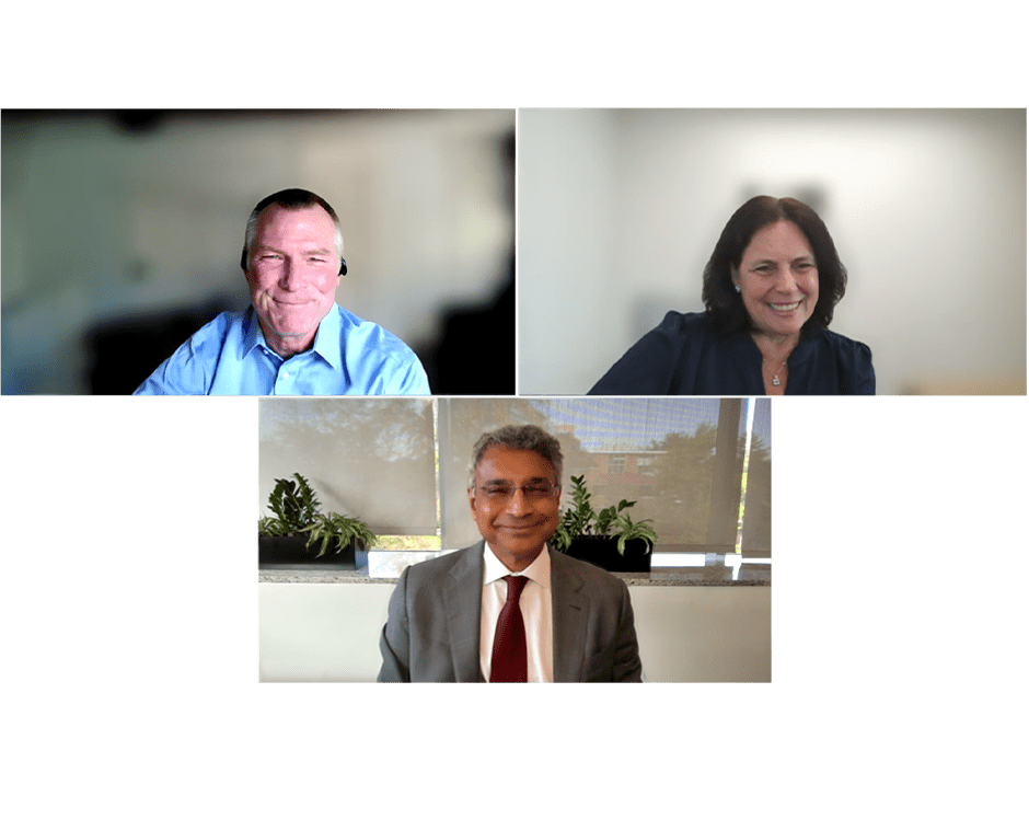 Screenshot from Dean's Society call with dean Madhav Rajan, moderated by Bill Fitzgerald, MBA ’88 and Amy Fitzgerald