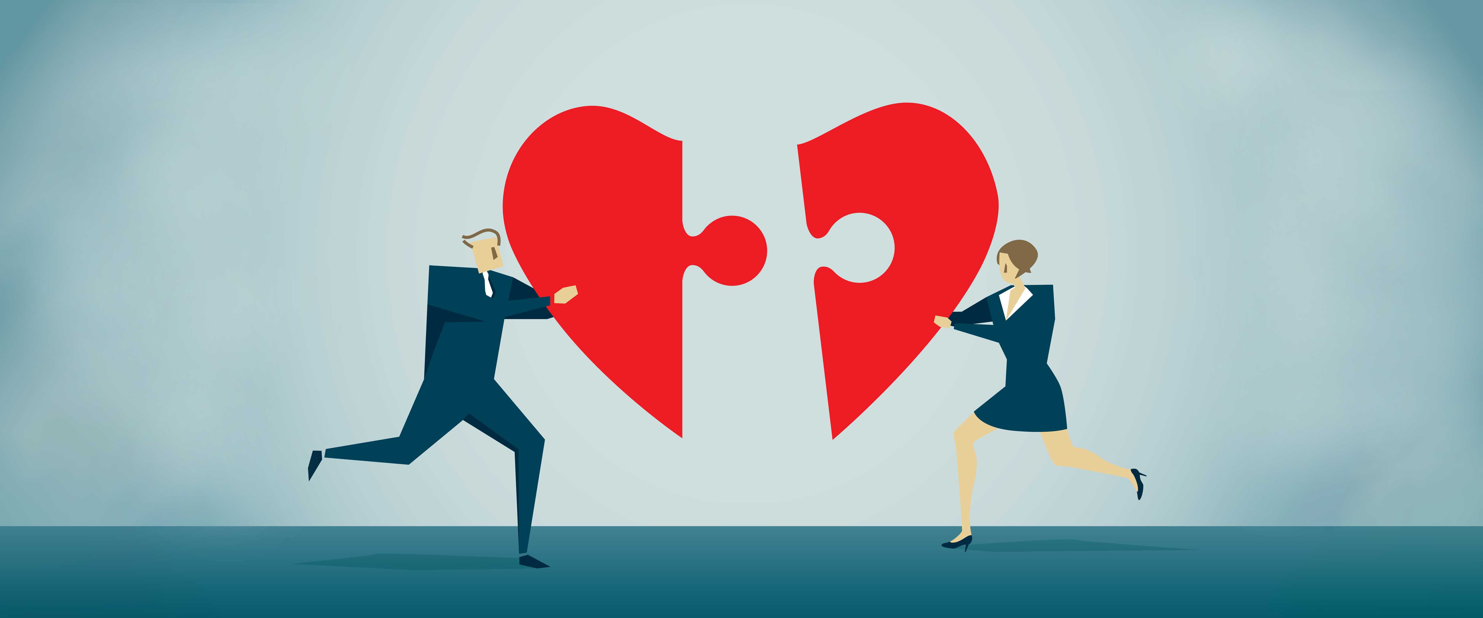 Figures running to piece together a heart