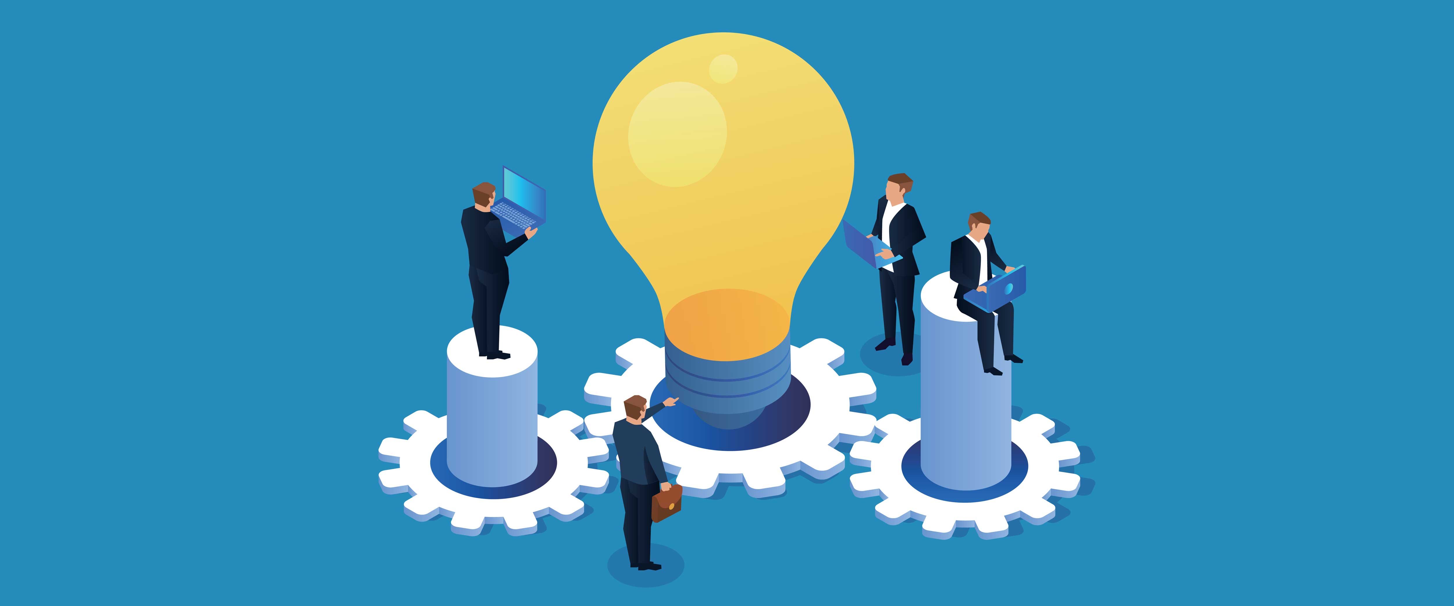 Illustration of people around a lightbulb sharing an experience