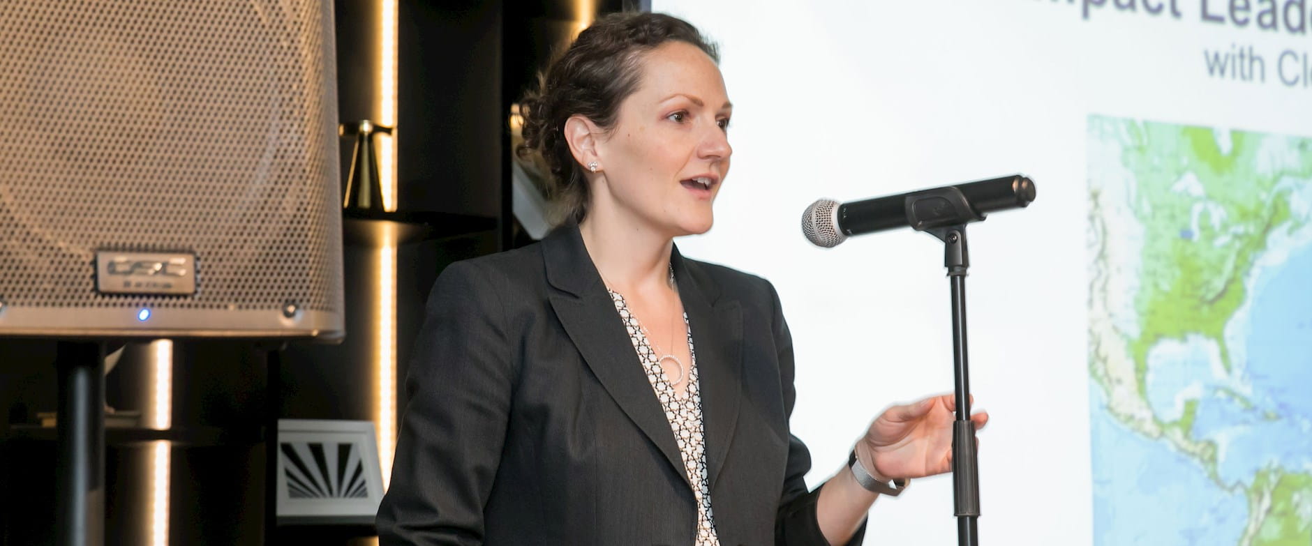 Christina Hachikian speaking in front of a microphone