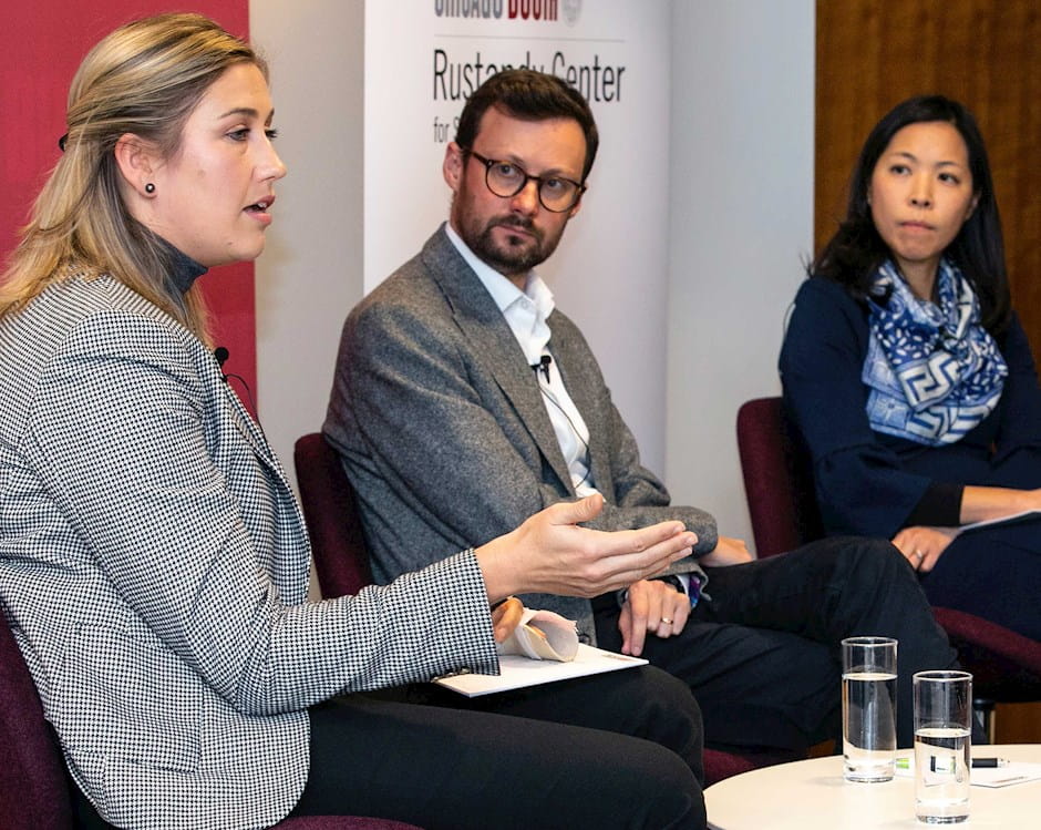 A group of four seated panelists in a discussion at the London Social Impact Leadership Series