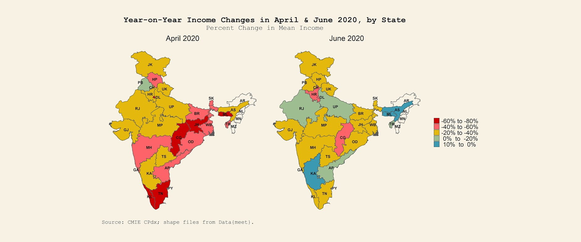 Map showing income drop according to state in India