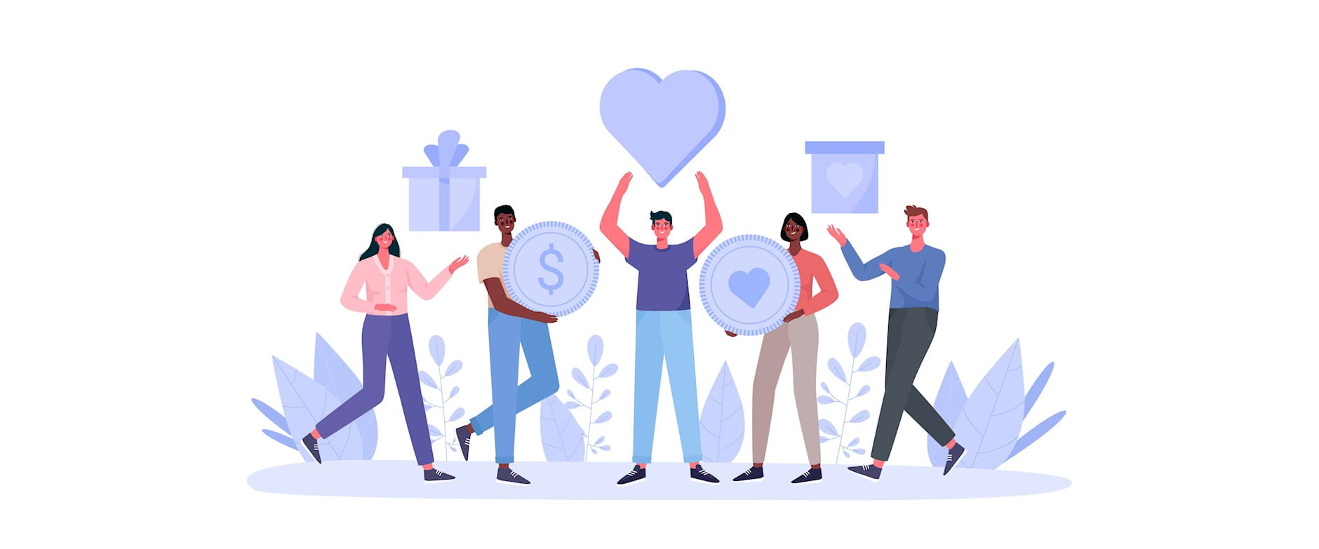 Colorful illustration of people holding boxes and coins to donate; the center man is holding a heart