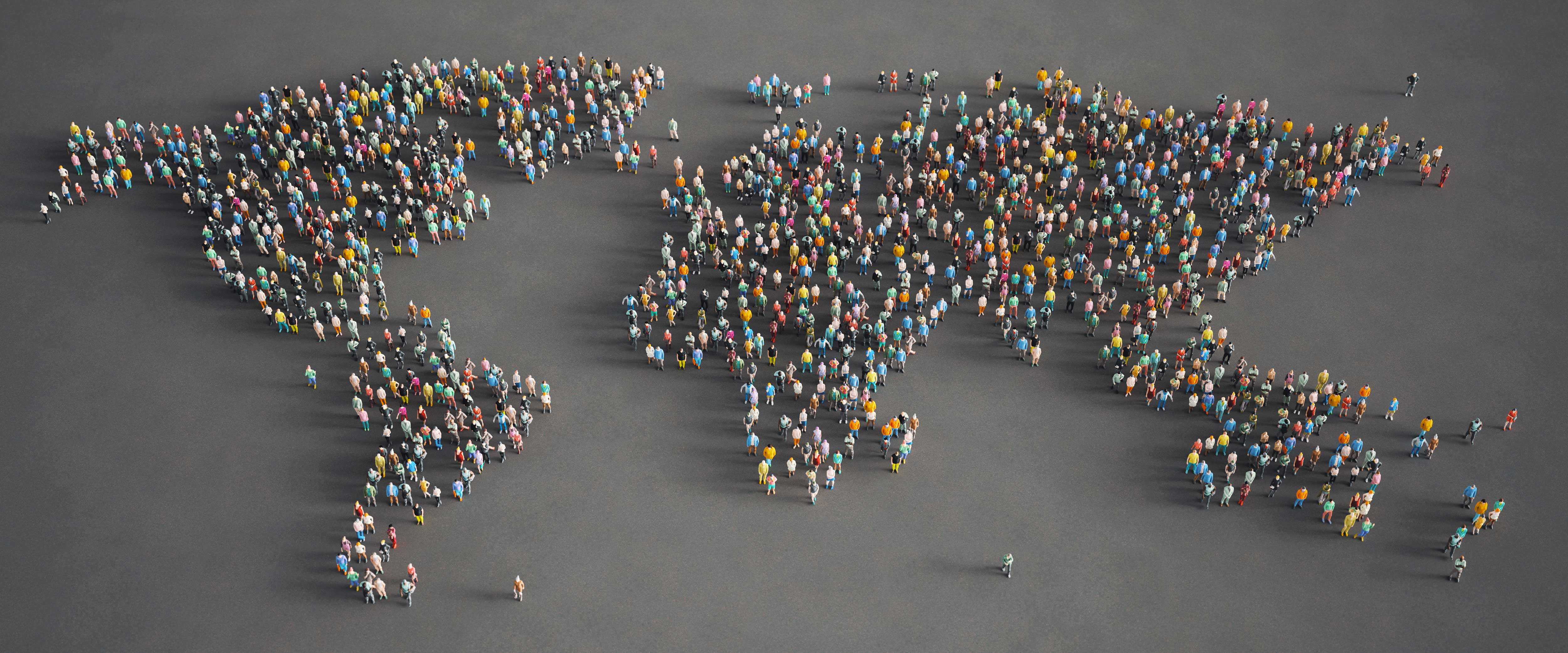 Low-poly people form a world map