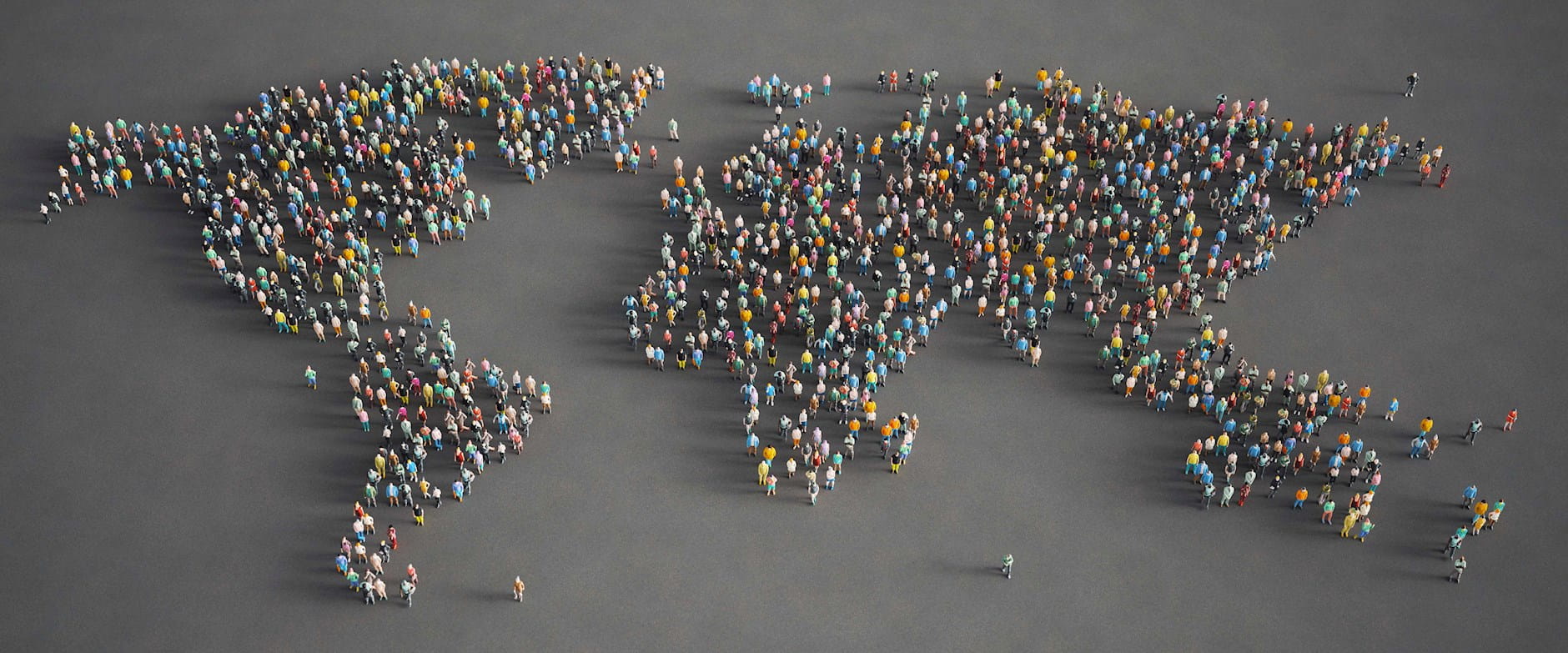 Low-poly people form a world map