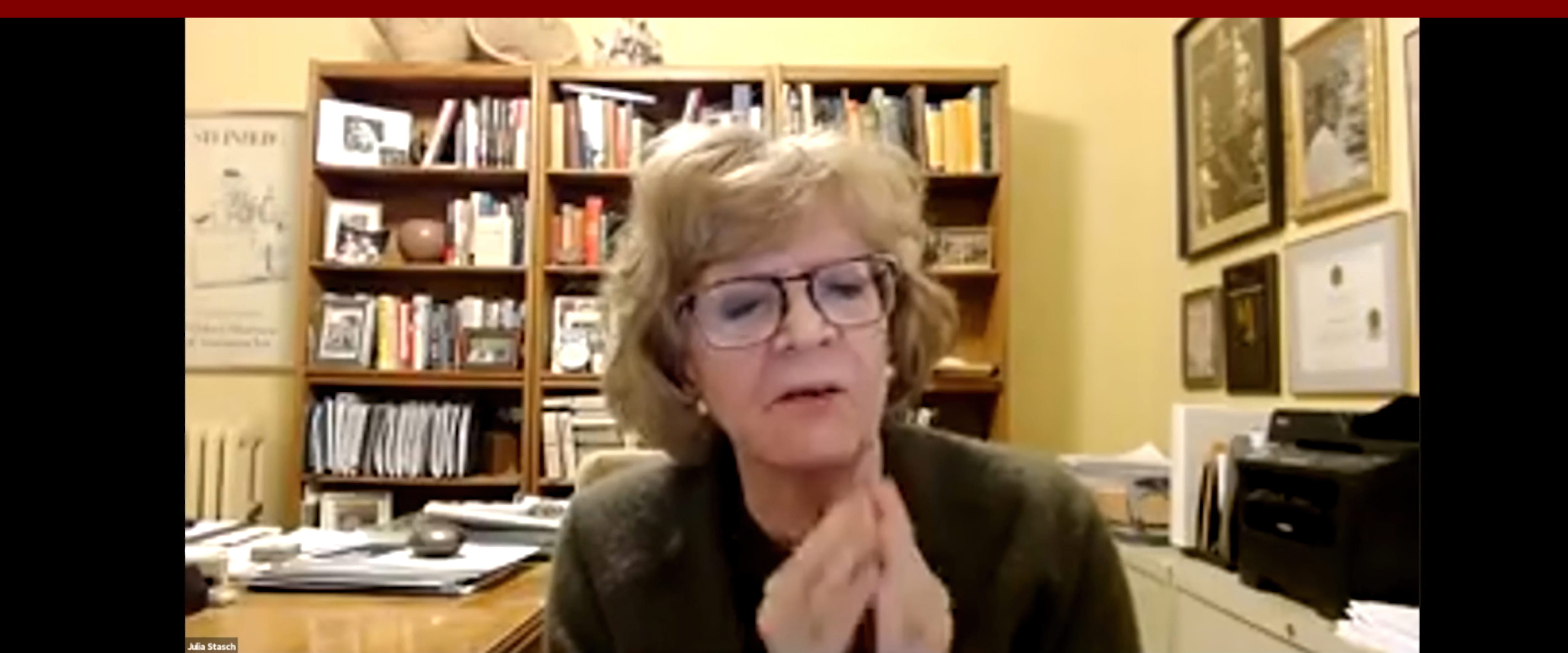 Julia Stasch speaks via teleconference from her office