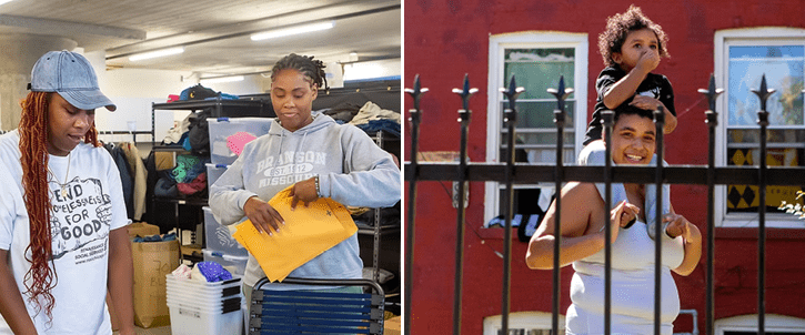 Two women working at nonprofit. A women carrying a child.