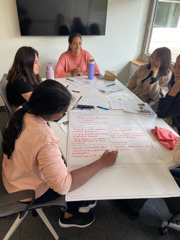 Four people sit around a table, writing on a large paper
