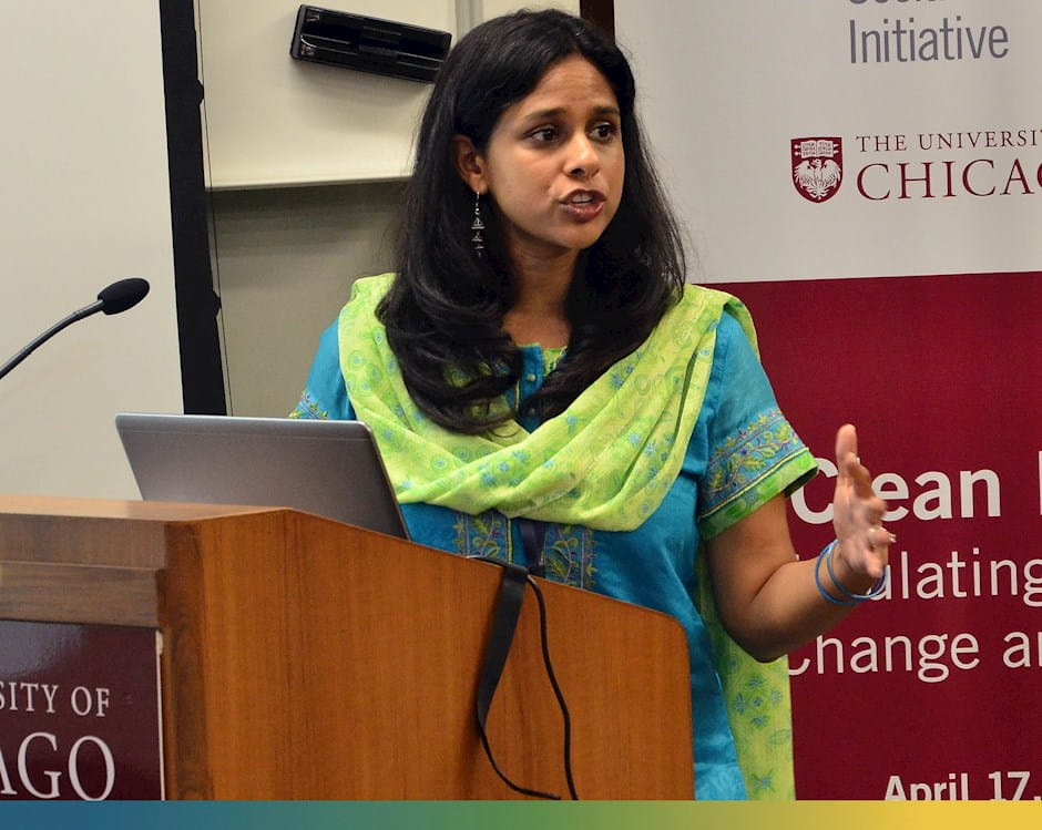 Anjali Adukia speaking at the University of Chicago Center in Delhi on April 17, 2015