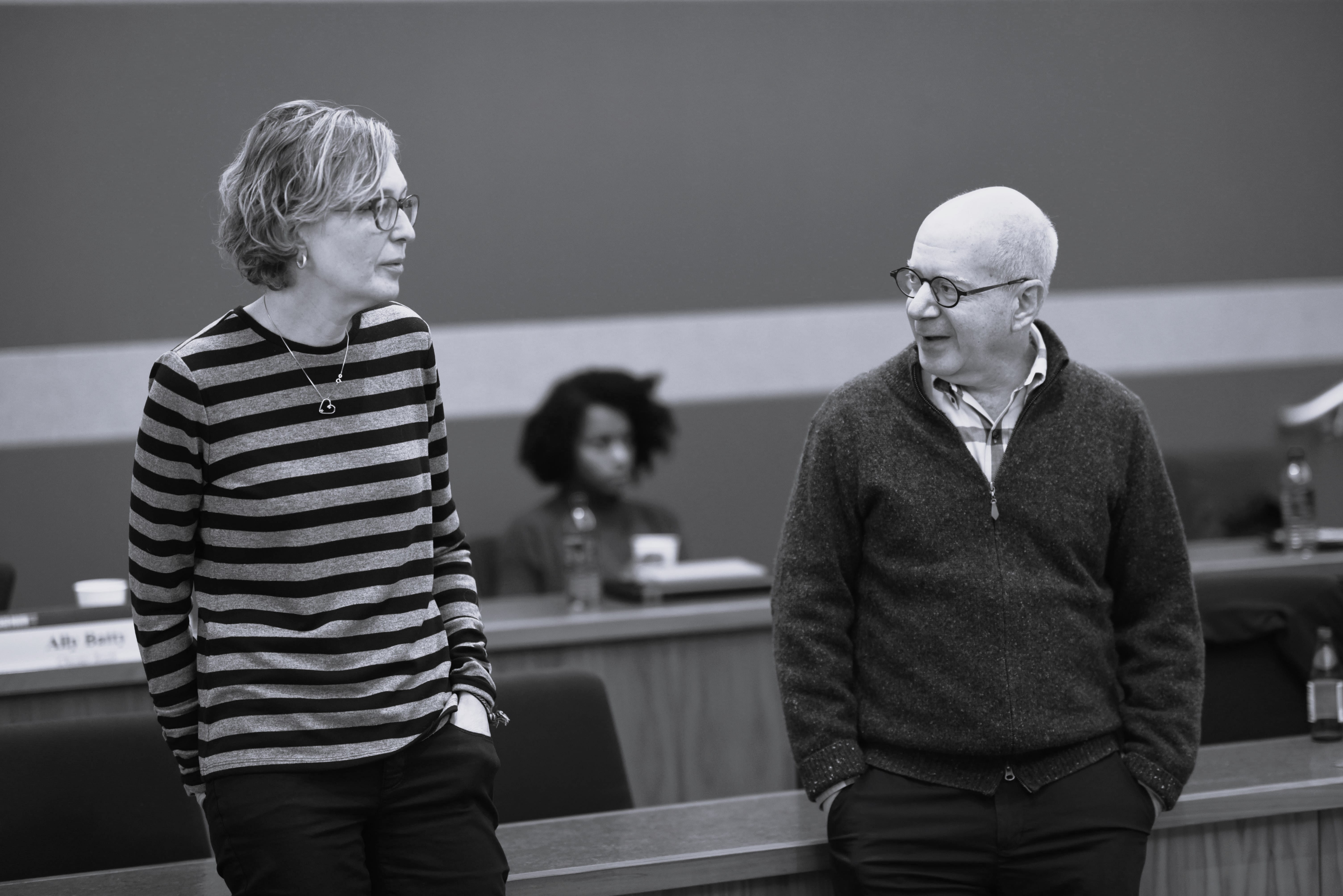 Marianne Bertrand and Rob Gertner standing talking to each other