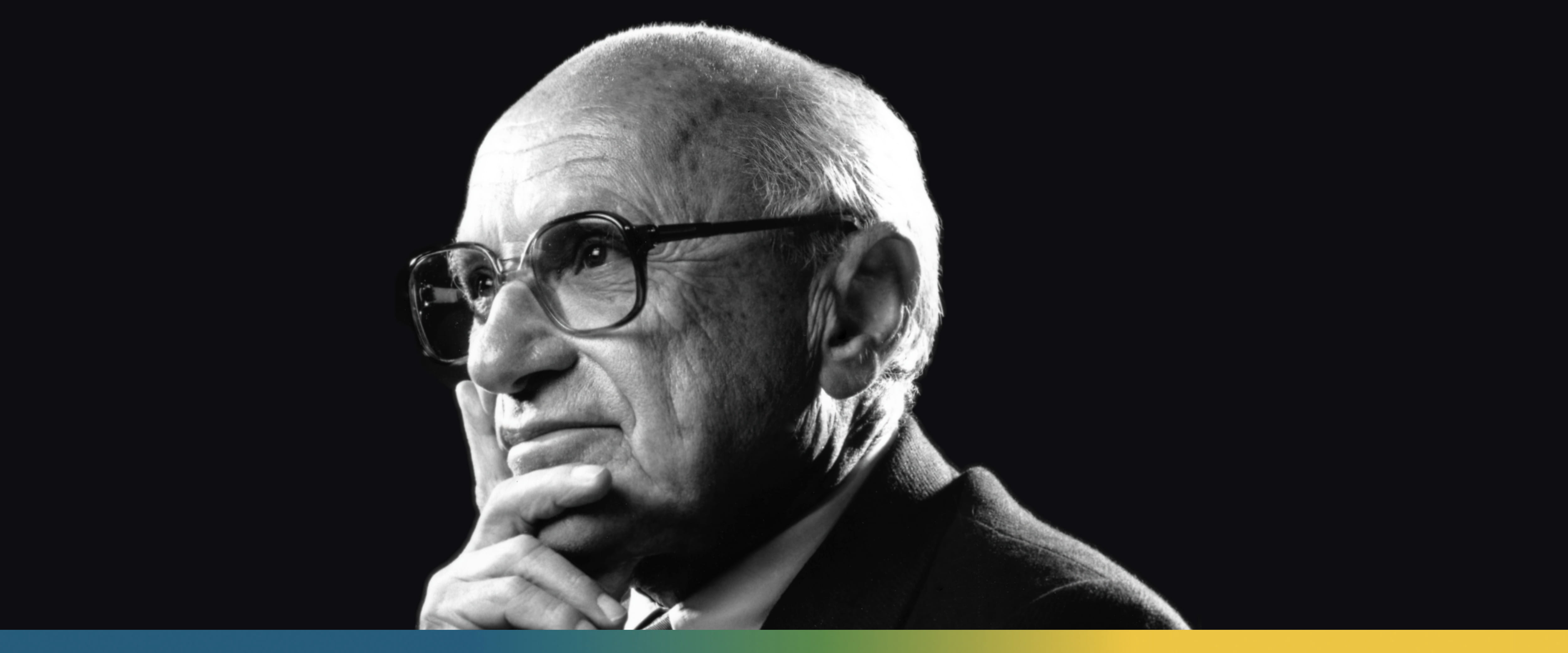 Head shot of Milton Friedman, facing to the left