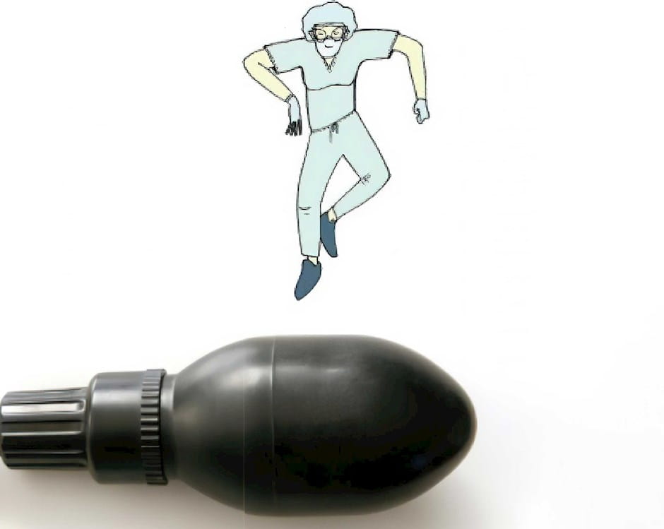 Cartoon doctor jumping on pump