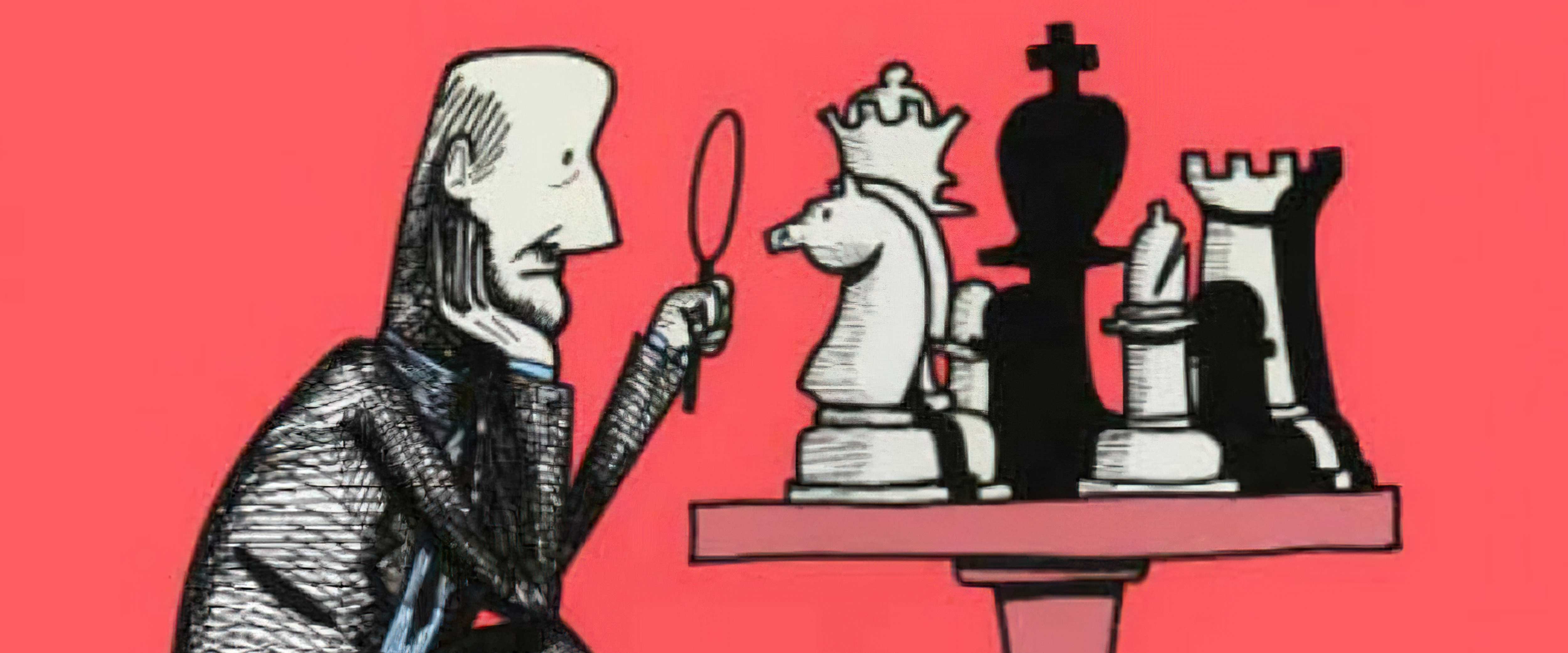 Cartoon of man with magnifying glass looking at chess board