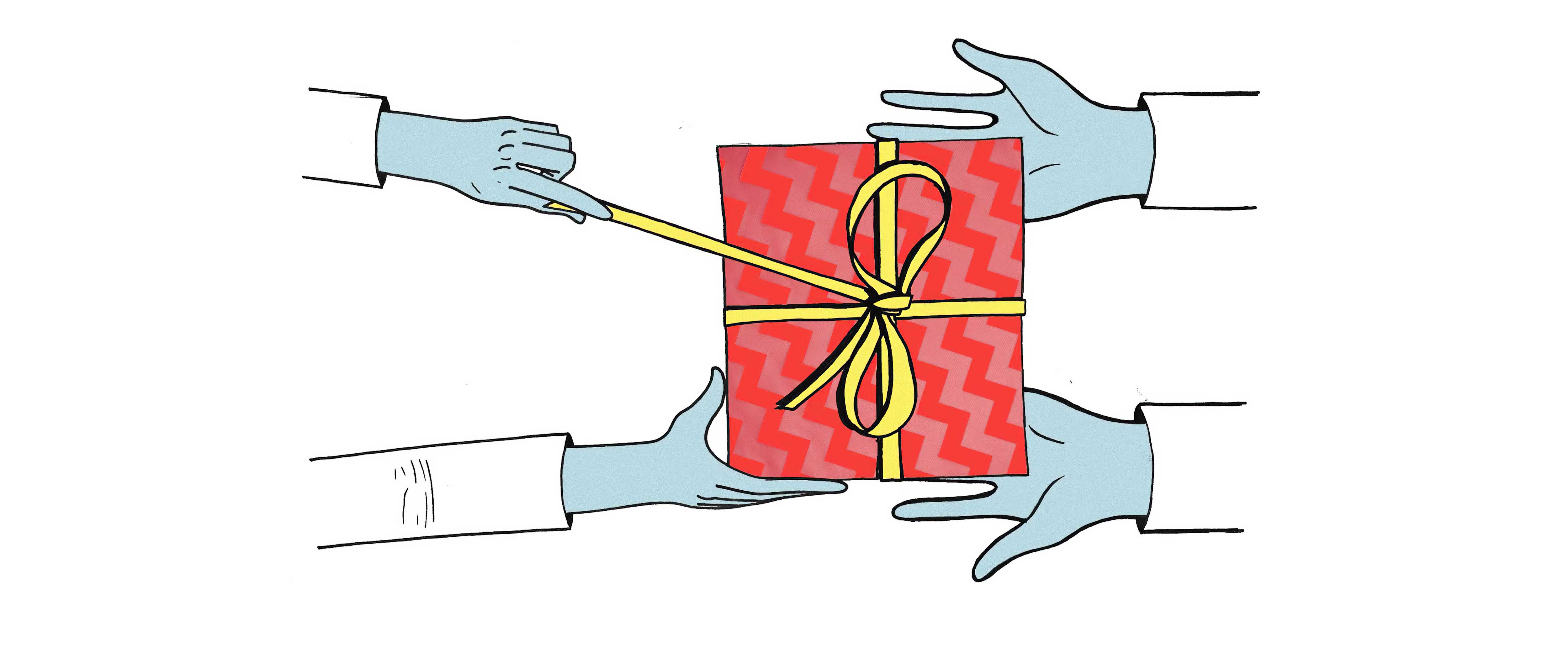 Cartoon of hands holding present