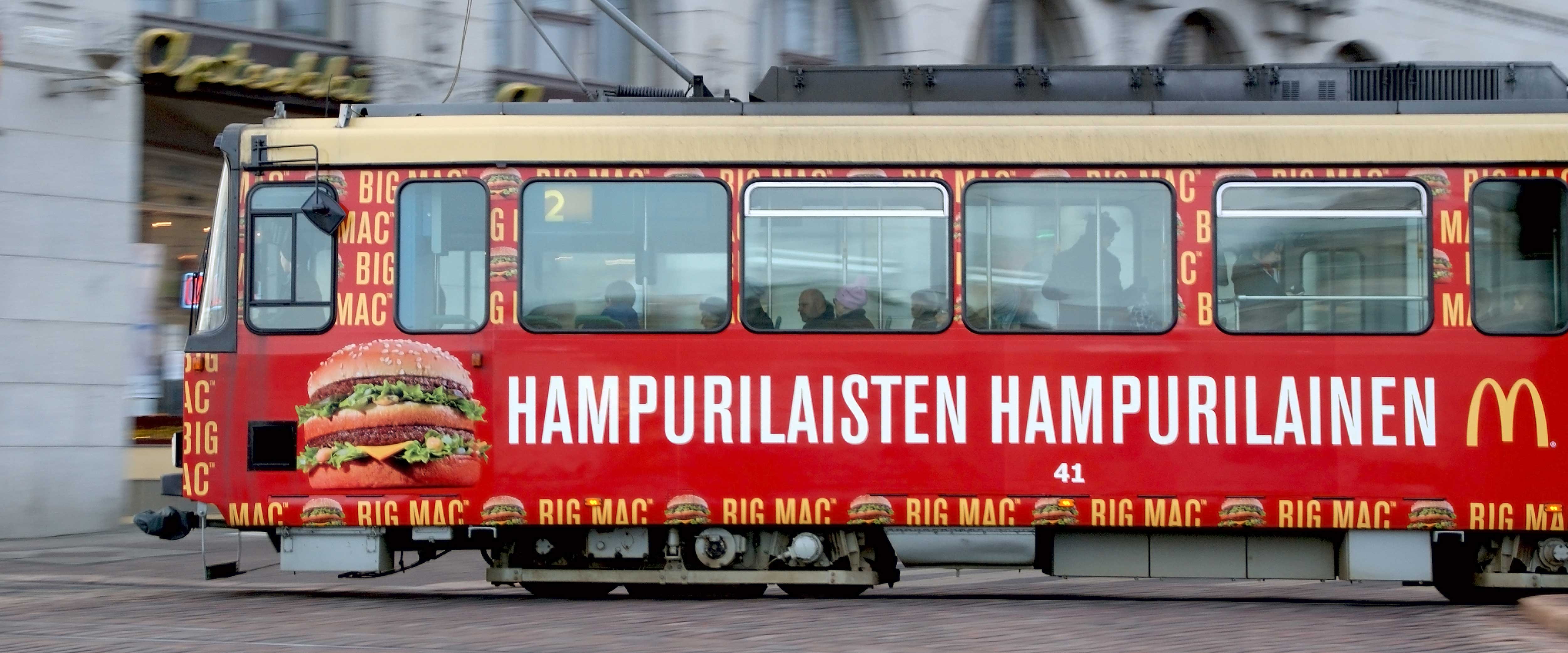 Tram with McDonalds Big Mac ad on its side