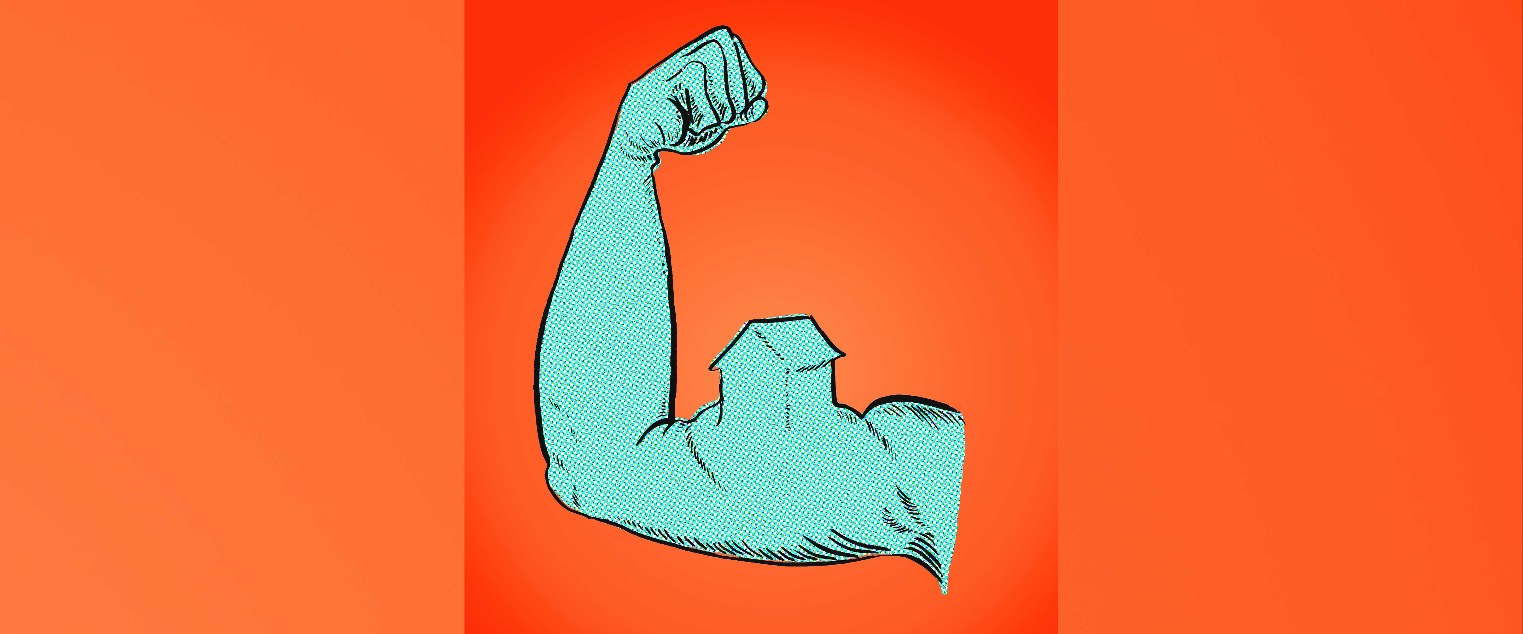 Flexing arm with house-shaped bicep